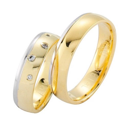 Nuran Smukke vielsesringe i 14 karat guld og hvidguld med 0,07 ct diamanter – tofarvet vielsesringsæt.